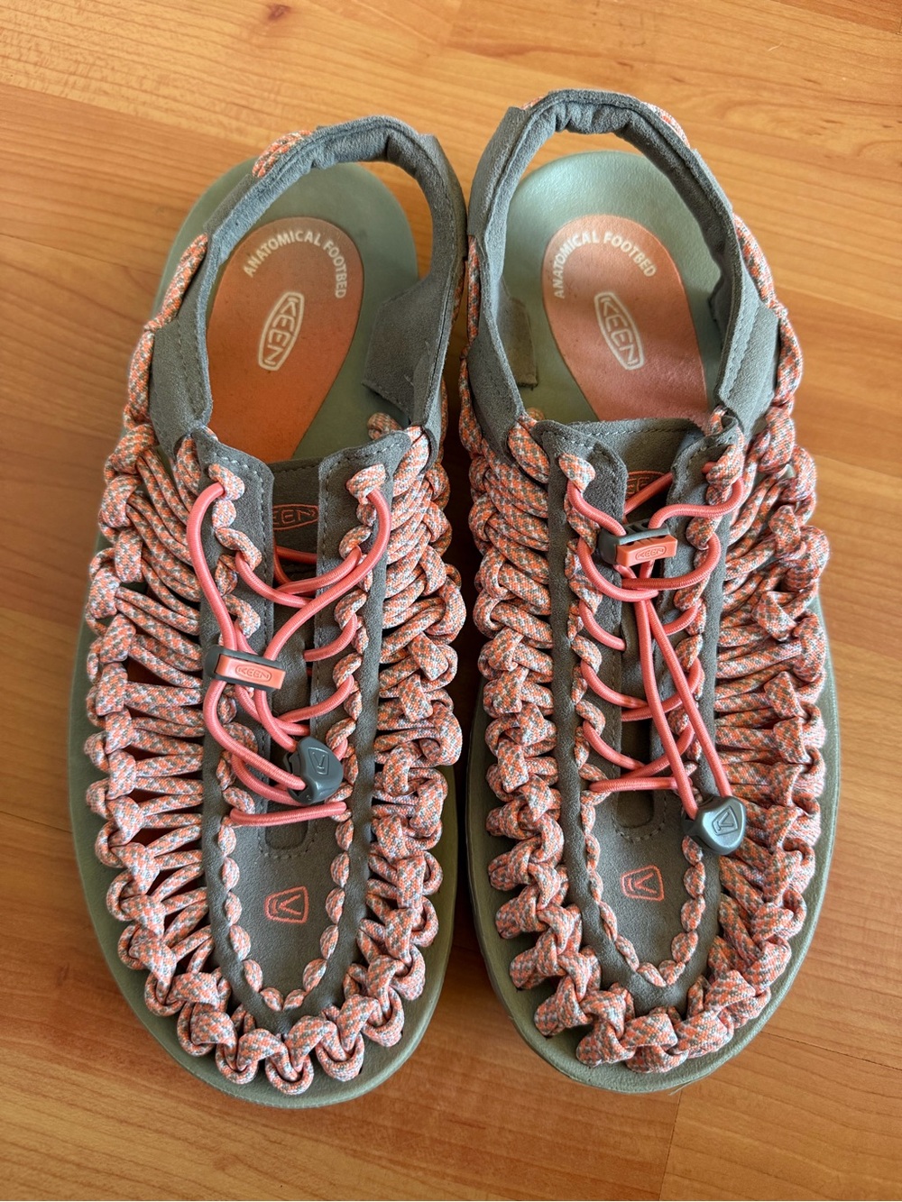 Keen Uneek Sandal in Olive Green with Coral Braided Cords